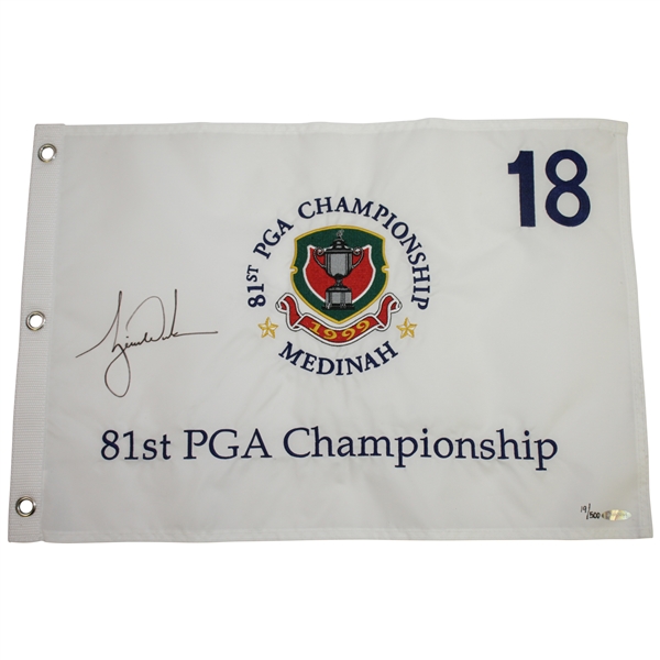 Tiger Woods Signed 1999 PGA at Medinah Embroidered White Flag Ltd Ed 19/500 UDA #BAM53244