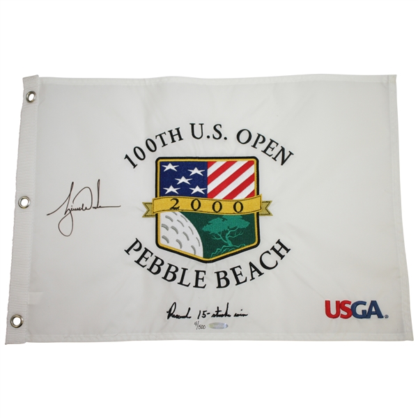Tiger Woods Signed 2000 US Open at Pebble Beach Embroidered White Flag Ltd Ed 4/500 UDA #BAM54225