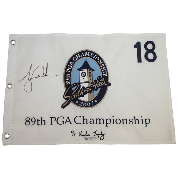 Tiger Woods Signed 2007 PGA at Southern Hills Embroidered White Flag Ltd Ed 23/500 UDA #BAM54314