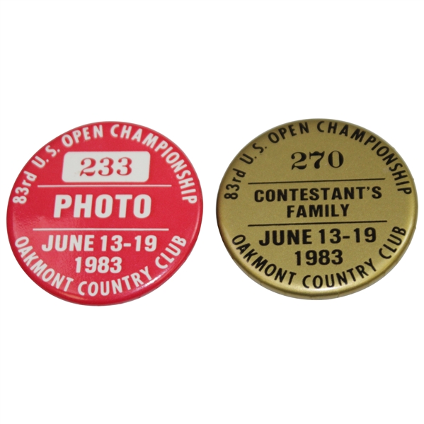 Two 1983 US Open at Oakmont Country Club Photo #233 & Contestants Family #270 Badges