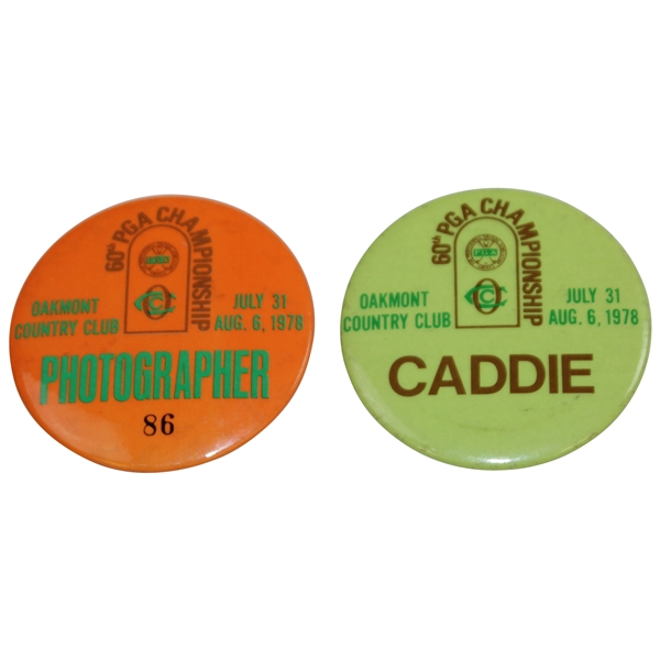 Two 1978 PGA Championship at Oakmont CC Photographer #86 & Caddie Badges