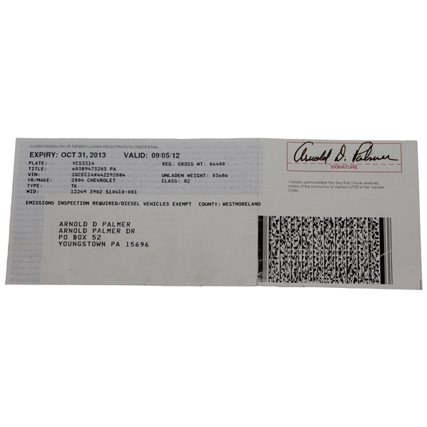 Arnold D. Palmer Signed 2012 Pennsylvania Truck Registration JSA #HH62490