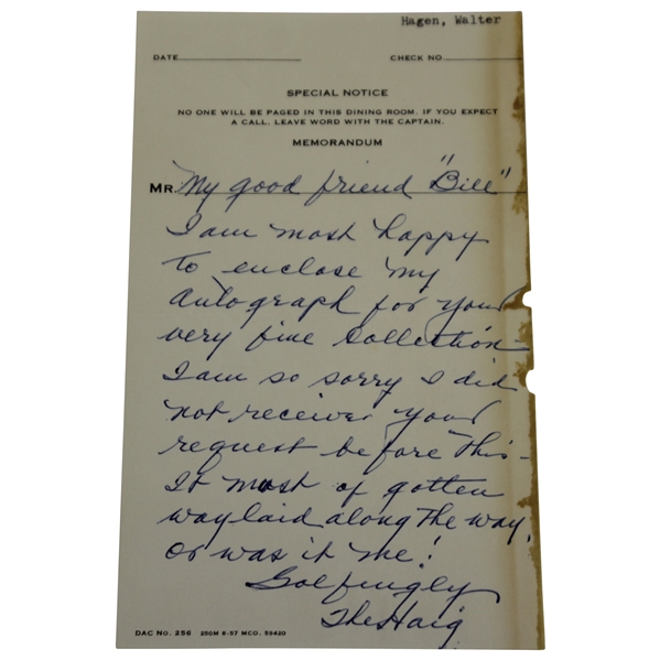 Walter Hagen Hand-Written Letter Signed with Rare "The Haig" Inscription JSA ALOA