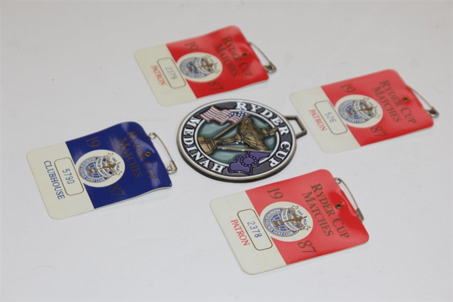 Four 1987 Ryder Cup at Muirfield Village Badges Plus Metal Bag Tag
