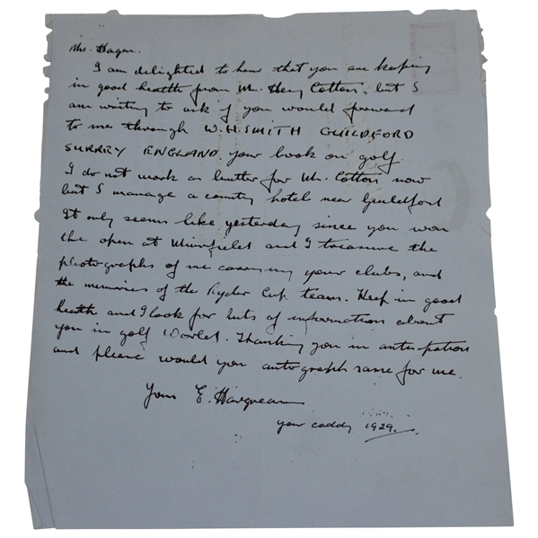 Personal Hand-Written Letter to Walter Hagen from His 1929 Caddy E. Hargraves