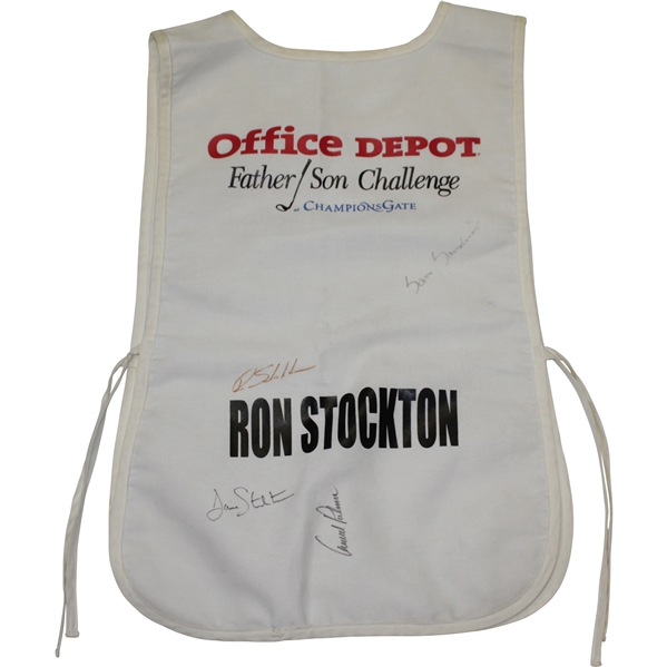 Arnold Palmer, Sam Saunders, Dave & Ron Stockton Signed Office Depot Father/Son Caddie Bib JSA ALOA