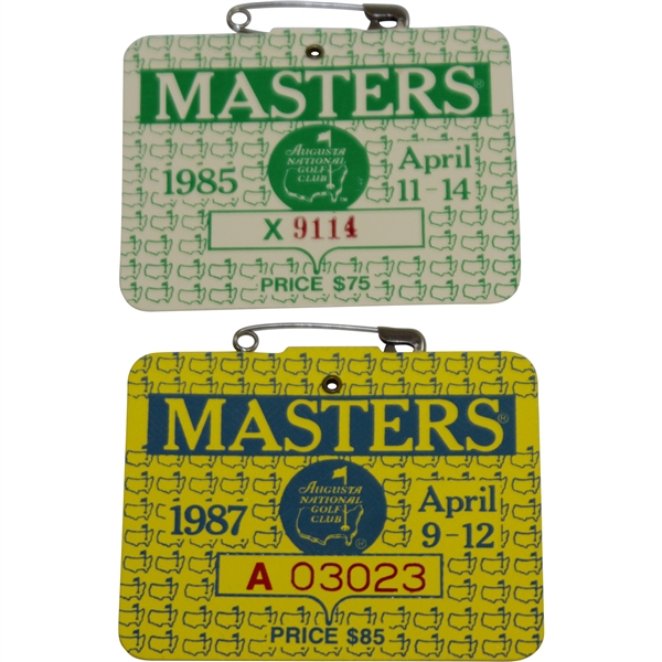 1985 & 1987 Masters Series Badges #X9114 & #A03023 - Langer & Mize Winners