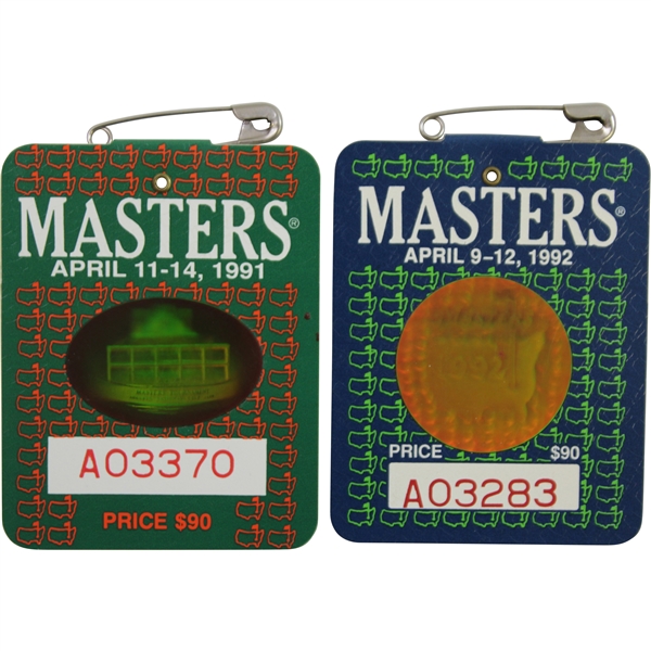 1991 & 1992 Masters Series Badges #A099370 & #A03283 - Woosnam & Couples Winners
