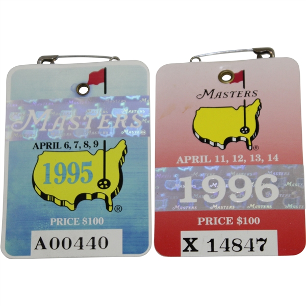 1995 & 1996 Masters Series Badges #A00440 & X14847 - Crenshaw & Faldo Winners