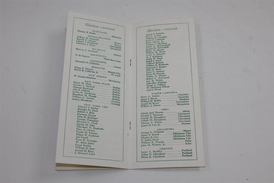 1961 Augusta National Golf Club Membership Directory with Key Dates/Info - Oct. 10, 1961