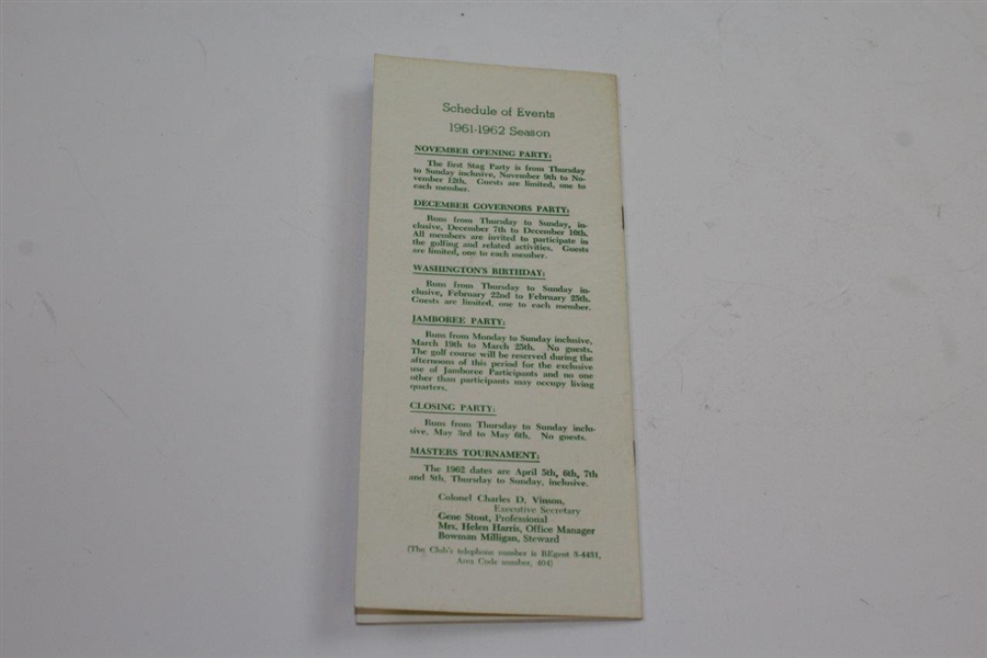 1961 Augusta National Golf Club Membership Directory with Key Dates/Info - Oct. 10, 1961