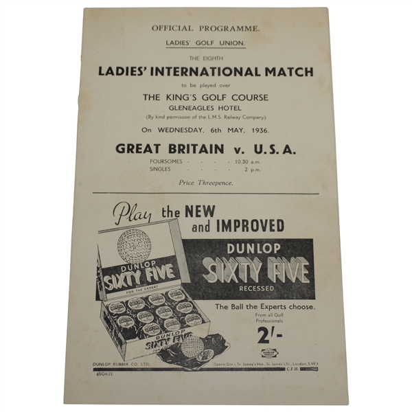 1936 Ladies International Match at The Kings Golf Course Official Program - Great Britain vs U.S.A.