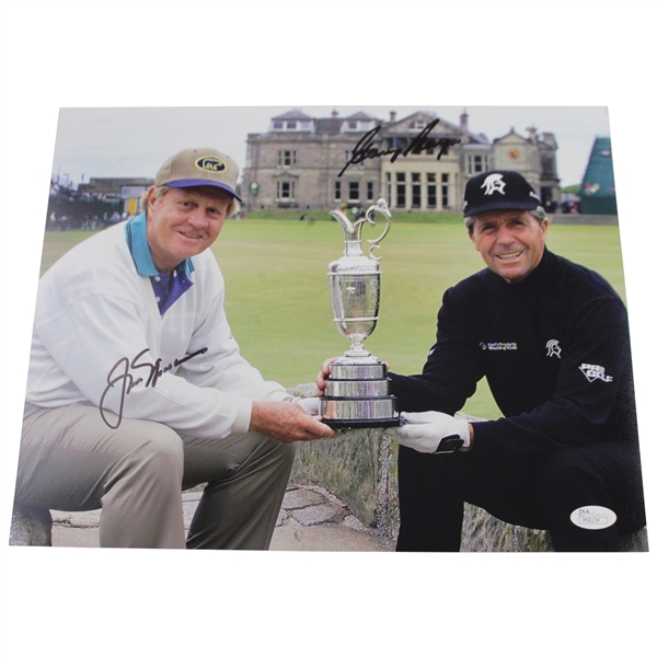 Jack Nicklaus & Gary Player Signed 11x14 Holding Claret Jug on Swilcan Bridge Photo JSA #P56134