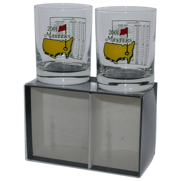 2001 Masters Tournament Low Ball Whiskey Drinking Glasses in Original Box - Tiger Win