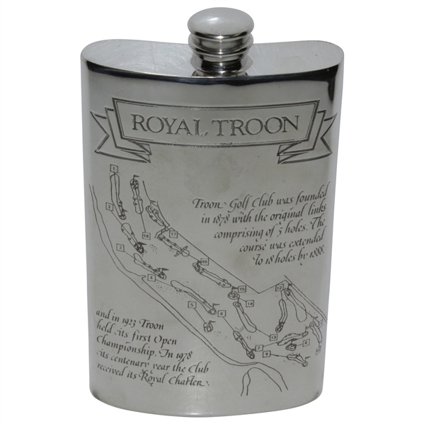 Royal Troon Pewter Flask with Course Layout & Scorecard Engraved - Great Condition in Original Box