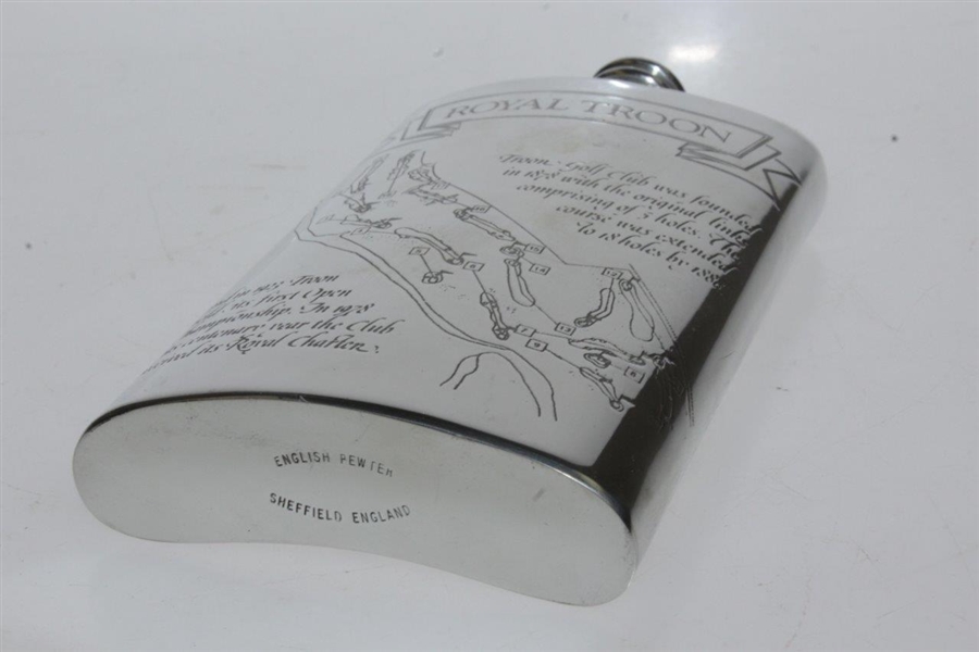 Royal Troon Pewter Flask with Course Layout & Scorecard Engraved - Great Condition in Original Box