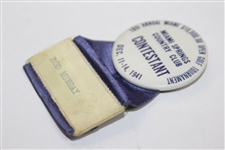 Rod Munday's 1941 Miami $10k Open Golf Tournament at Miami Springs CC Contestant Badge