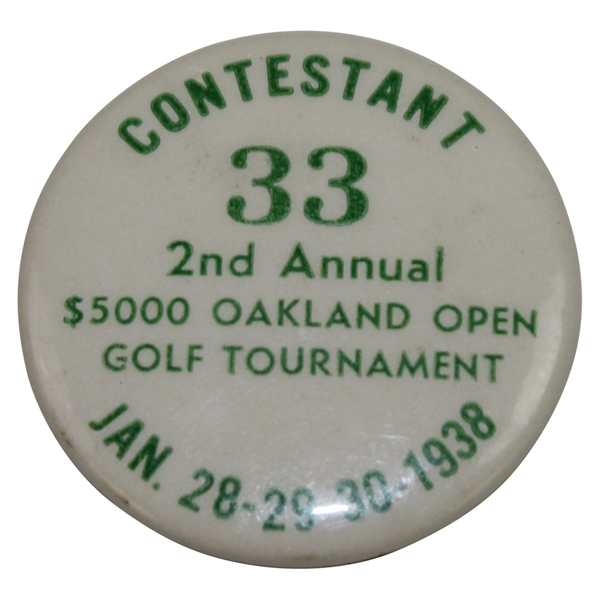 Rod Munday's 1938 2nd Annual $5k Oakland Open Golf Tournament Contestant Badge #33