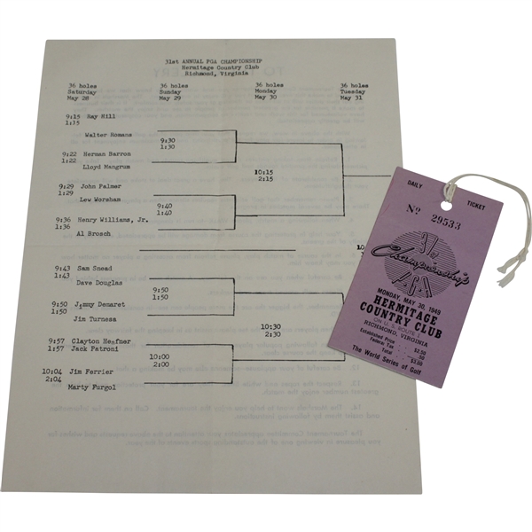 1949 PGA Championship at Hermitage CC Ticket #29533 with Draw Sheet