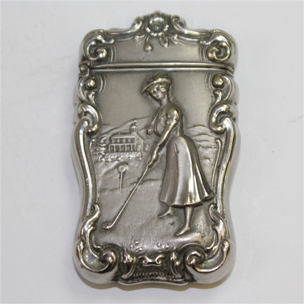Circa 1890s Sterling Silver Match Safe with Raised Relief Image of Lady Golfer