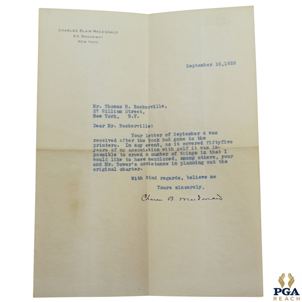 Charles 'C.B.' Macdonald Signed 1928 Letter to Thomas Baskerville About Book Content JSA ALOA