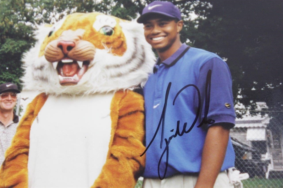 Tiger Woods Classic Signed 8x10 Photo with Tiger Mascot! JSA ALOA