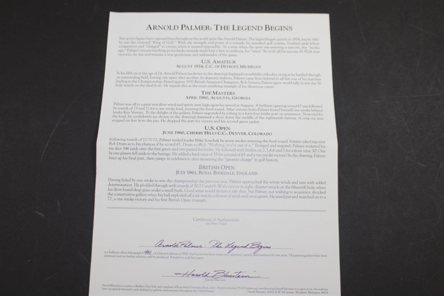 Arnold Palmer Signed 1993 Harold Bluestein Ltd Ed Lithograph The Legend Begins 401/5000 - Framed JSA ALOA