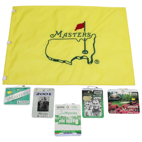 All Five(5) SERIES Badges from Tiger Woods Masters Wins Plus Masters Undated Embroidered Flag