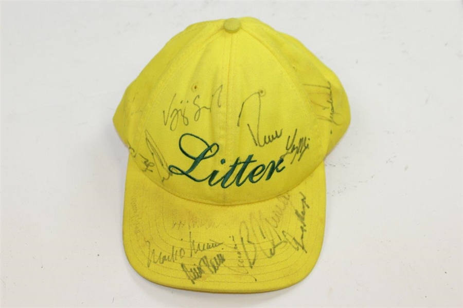 Tiger Woods, Jack Nicklaus, & others Signed Masters Yellow Litter Caddy Hat JSA ALOA