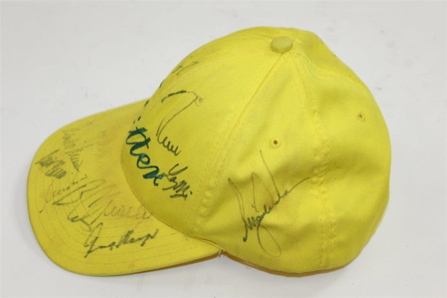 Tiger Woods, Jack Nicklaus, & others Signed Masters Yellow Litter Caddy Hat JSA ALOA