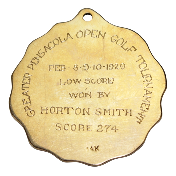 Horton Smith's 1929 Inaugural Greater Pensacola Open Golf Tournament Winner's 14k Gold Medal