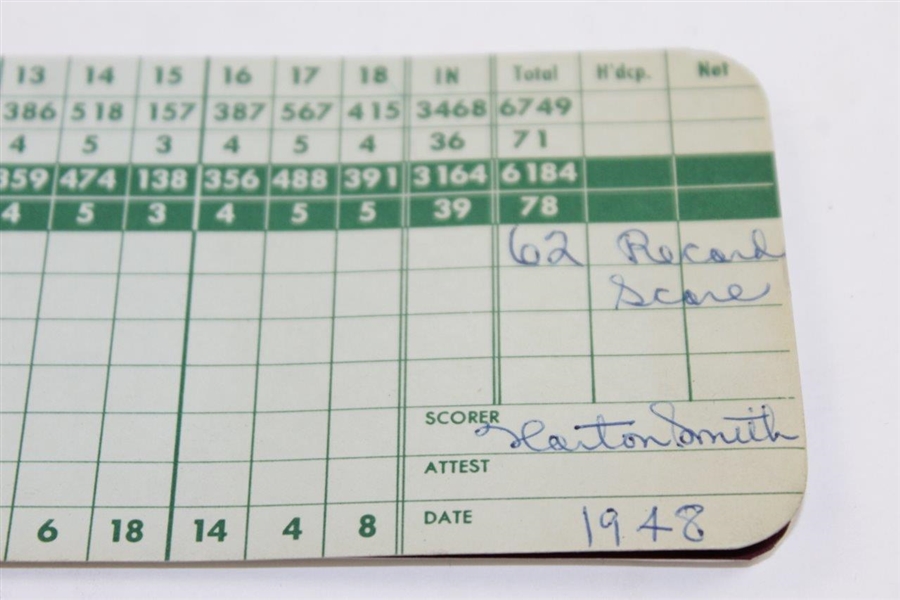 Horton Smith Signed & Dated '1948' Detroit Golf Club Scorecard with '62 Record Score' JSA ALOA