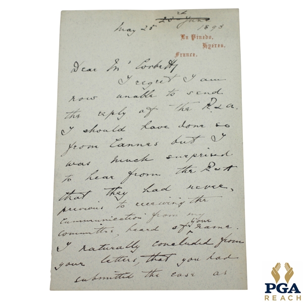 1893 Handwritten Letter to Corbett from Woodward Regarding Ruling at Cannes Golf Club - May 25th