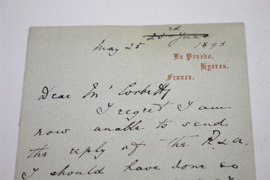 1893 Handwritten Letter to Corbett from Woodward Regarding Ruling at Cannes Golf Club - May 25th