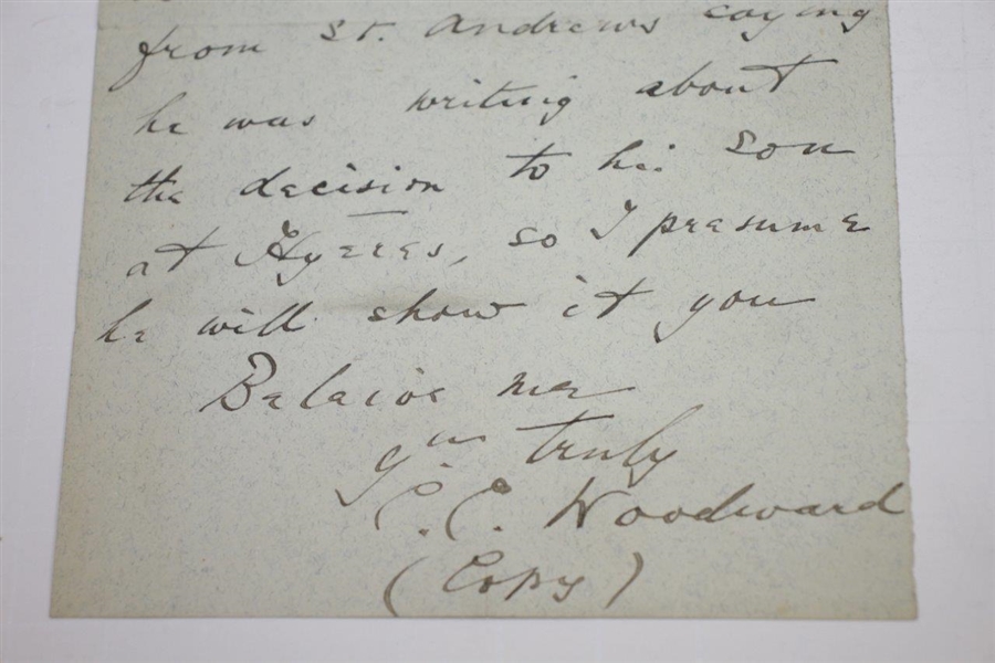 1893 Handwritten Letter to Corbett from Woodward Regarding Ruling at Cannes Golf Club - May 25th