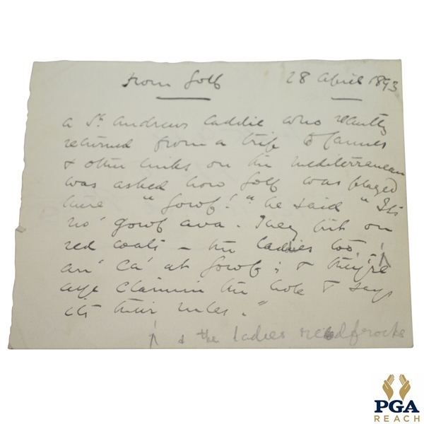 1893 Handwritten Notecard Containing St Andrews Caddie on How Golf Was Played - April 28th