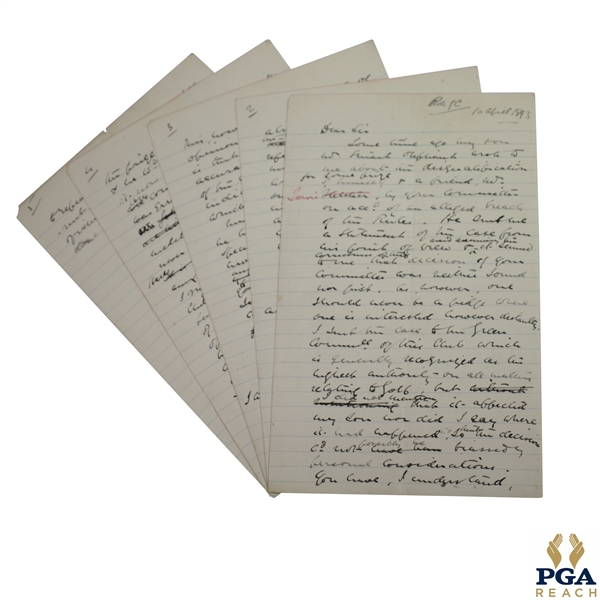 1893 Handwritten Letter Regarding Cannes Golf Club Ruling - 5 Pages - April 10th