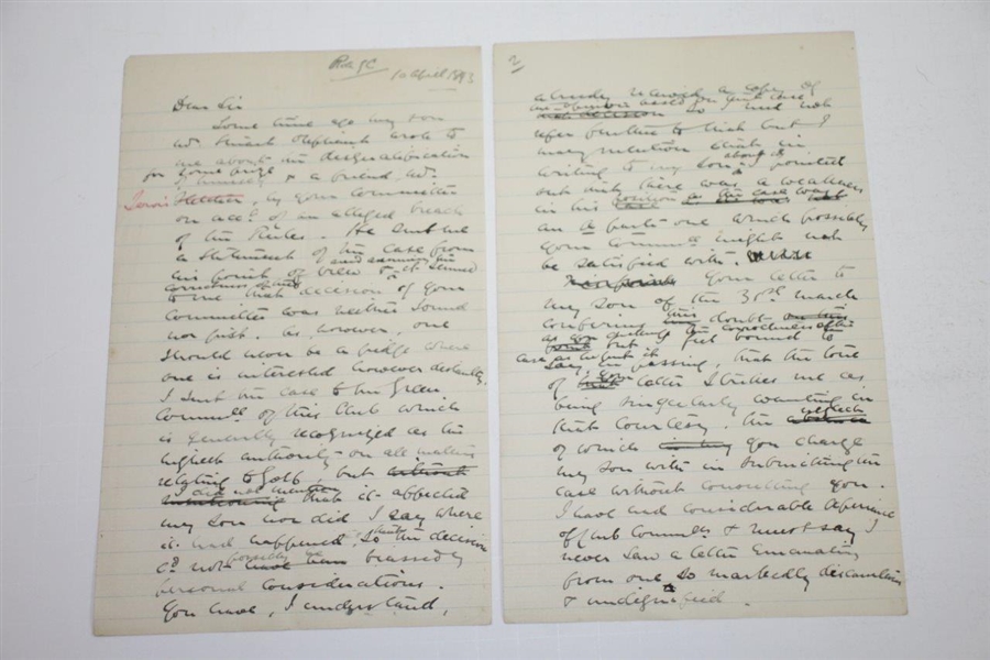 1893 Handwritten Letter Regarding Cannes Golf Club Ruling - 5 Pages - April 10th