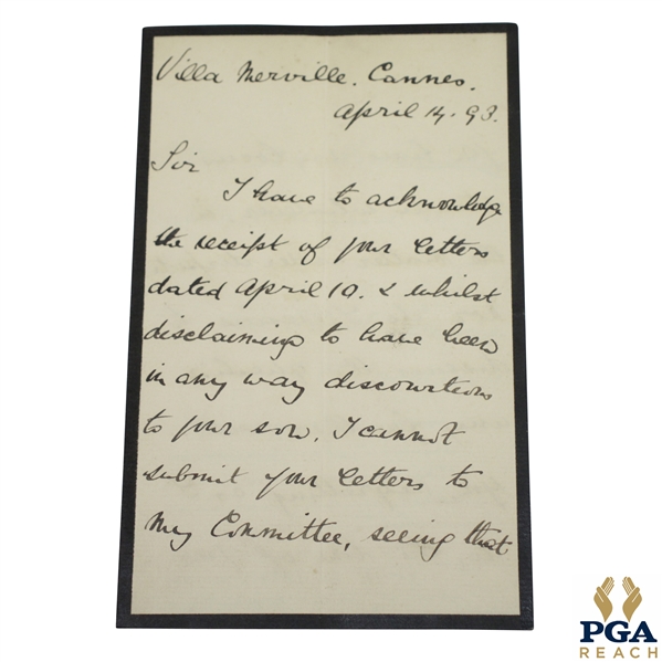 1893 Handwritten Letter by C.C. Woodward Regarding Cannes Golf Club Ruling - April 14th