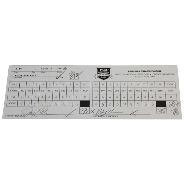 Phil Mickelson & Joey Sindelar Signed Official 2002 PGA Championship at Hazeltine Scorecard JSA ALOA