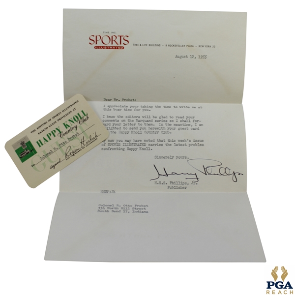 1955 Letter & Membership Card to Happy Knoll CC from Sports Illustrateds Harry Phillips to Otto Probst