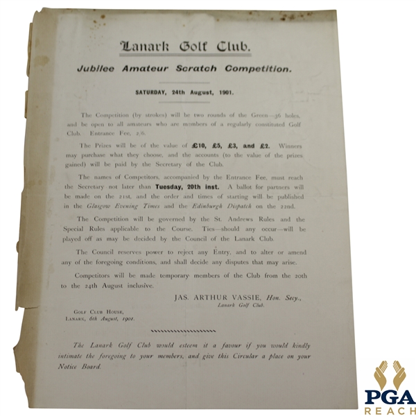 1901 Jubilee Amateur Scratch Competition at Lanark Golf Club Notice