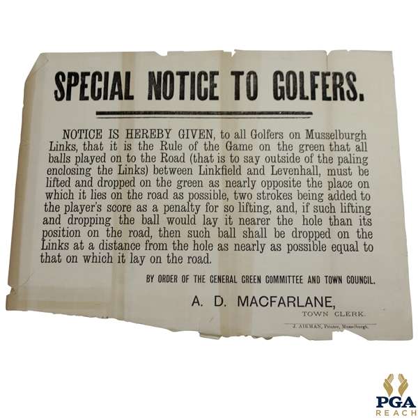 Vintage Musselburgh 'Special Notice to Golfers' by Order of Green Committee & Town Council A.D. Macfarlane