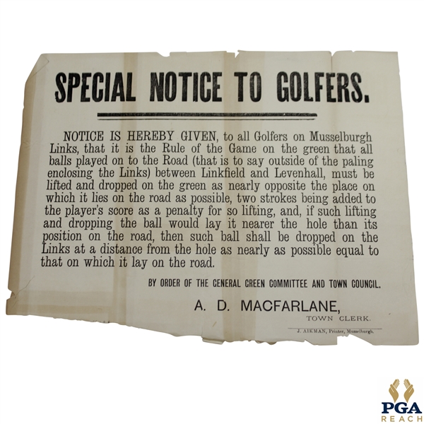 Vintage Musselburgh Special Notice to Golfers by Order of Green Committee & Town Council A.D. Macfarlane