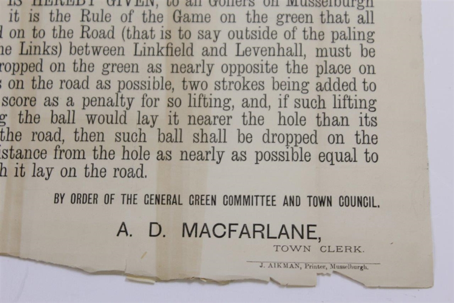Vintage Musselburgh 'Special Notice to Golfers' by Order of Green Committee & Town Council A.D. Macfarlane