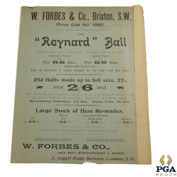 1902 W. Forbes & Co. Brixton S.W. 'The Reynard Ball' Price List Advert
