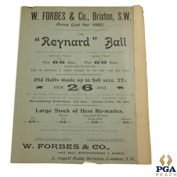 1902 W. Forbes & Co. Brixton S.W. The Reynard Ball Price List Advert