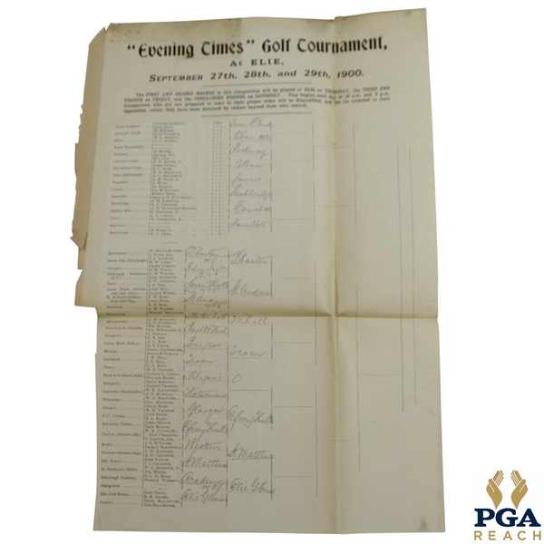 1900 "Evening Times" Golf Tournament at Elie Bracket/Pairing Sheet - Partially Filled Out