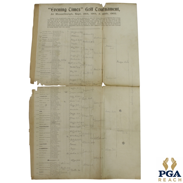 1902 Evening Times Golf Tournament at Musselburgh Bracket/Pairing Sheet - Filled Out