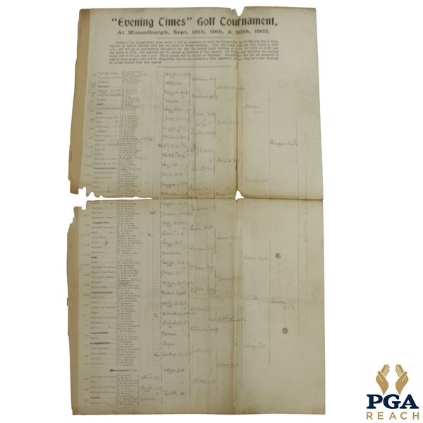1902 "Evening Times" Golf Tournament at Musselburgh Bracket/Pairing Sheet - Filled Out